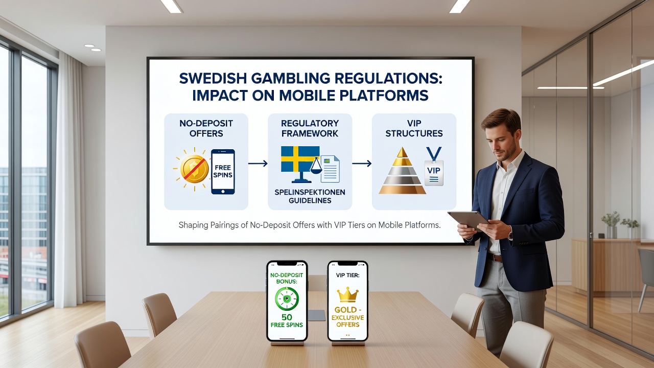 Mobile app interface showing no-deposit bonus integration with VIP loyalty tiers under Swedish rules